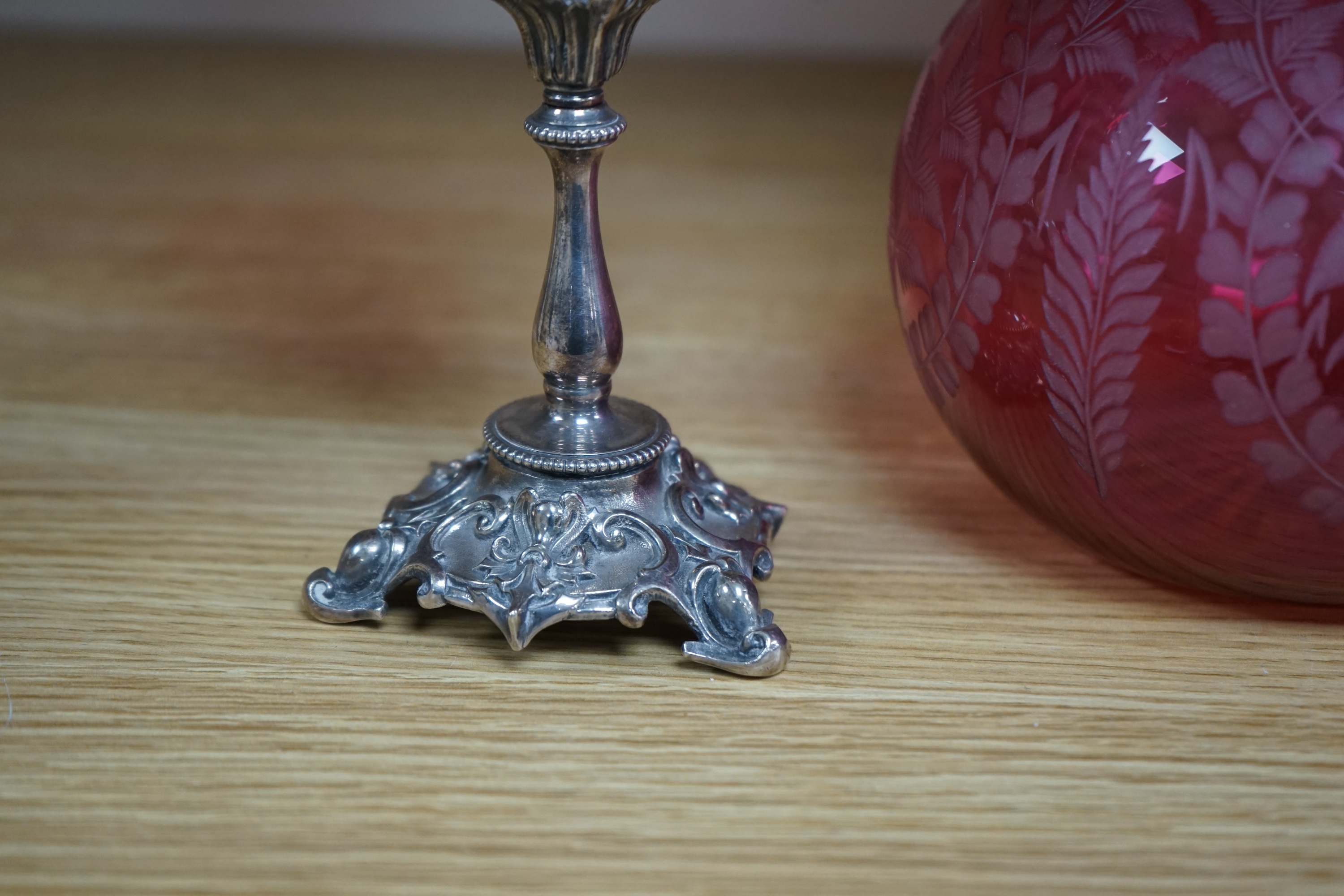 A Victorian electroplate mounted cranberry glass claret jug and a similar goblet by Elkington & Co. 26cm. Condition - good